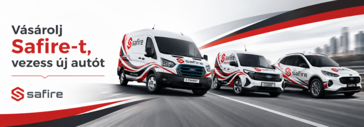 Advertising banner showing three Safire-branded vehicles on a highway with red arc graphics and bold text on the left.